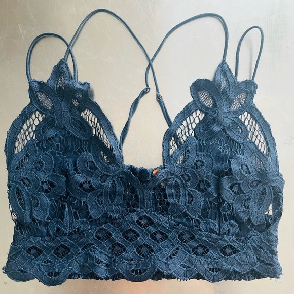 FREE PEOPLE Fp One Adella Bralette Lace Blue Criss Cross Smocked Crop Bra Top - Picture 5 of 7